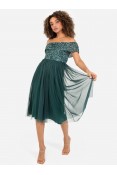 La Qayara Emerald Green Off-Shoulder Sequined Midi Dress with Tiered Tulle Skirt