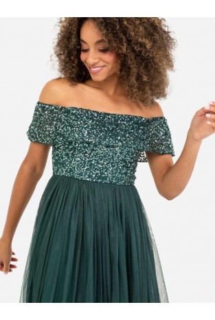 La Qayara Emerald Green Off-Shoulder Sequined Midi Dress with Tiered Tulle Skirt