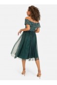 La Qayara Emerald Green Off-Shoulder Sequined Midi Dress with Tiered Tulle Skirt