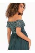 La Qayara Emerald Green Off-Shoulder Sequined Midi Dress with Tiered Tulle Skirt