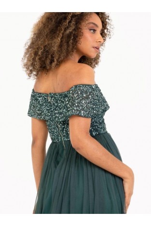 La Qayara Emerald Green Off-Shoulder Sequined Midi Dress with Tiered Tulle Skirt
