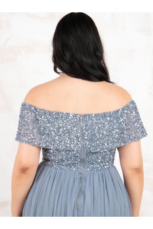 La Qayara Dusty Blue Off-Shoulder Sequin Embellished Georgette & Soft Net Maxi Dress