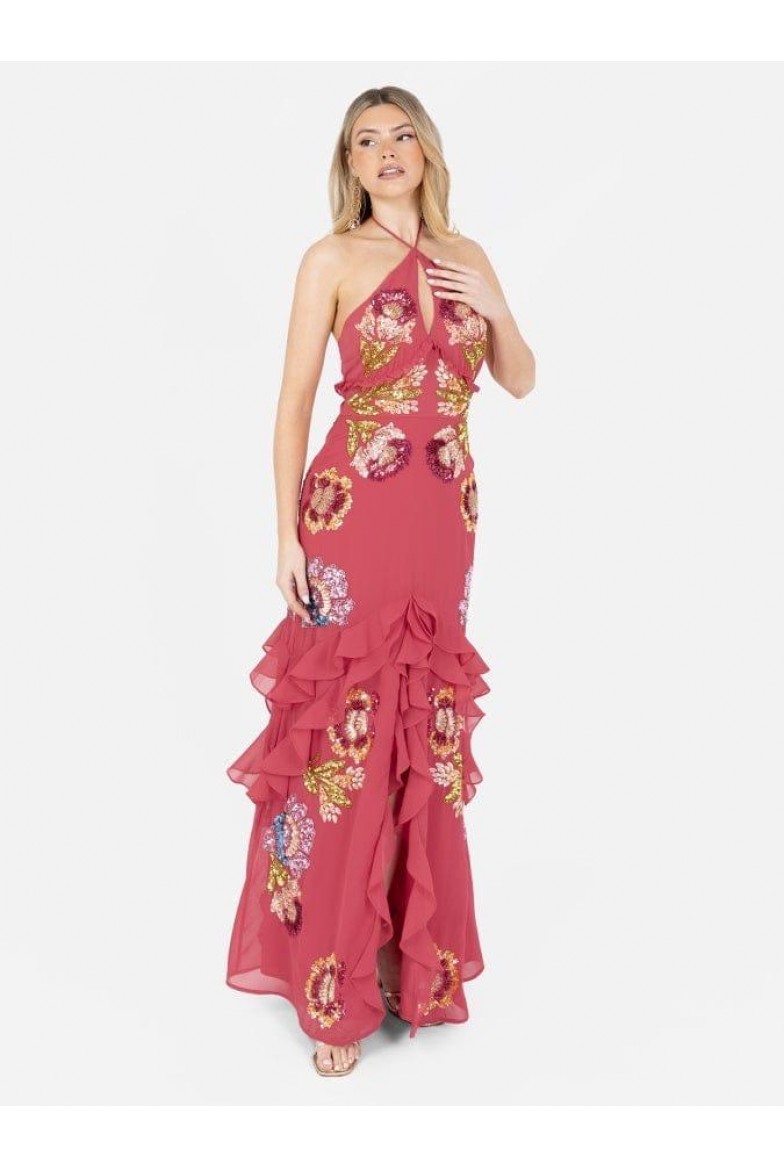 La Qayara Hot Pink Halter-Neck Sequin Embroidered Maxi Dress with Cascading Ruffles & High-Low Hem