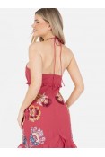 La Qayara Hot Pink Halter-Neck Sequin Embroidered Maxi Dress with Cascading Ruffles & High-Low Hem