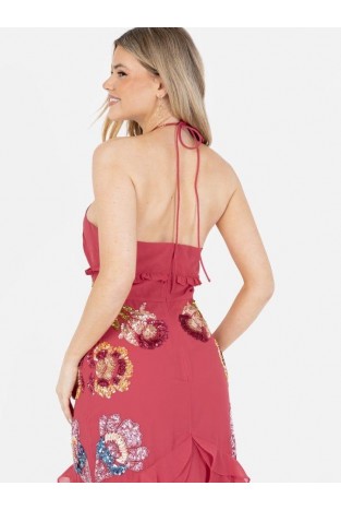 La Qayara Hot Pink Halter-Neck Sequin Embroidered Maxi Dress with Cascading Ruffles & High-Low Hem