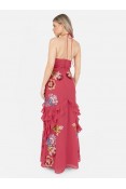La Qayara Hot Pink Halter-Neck Sequin Embroidered Maxi Dress with Cascading Ruffles & High-Low Hem