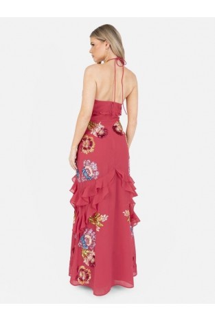 La Qayara Hot Pink Halter-Neck Sequin Embroidered Maxi Dress with Cascading Ruffles & High-Low Hem