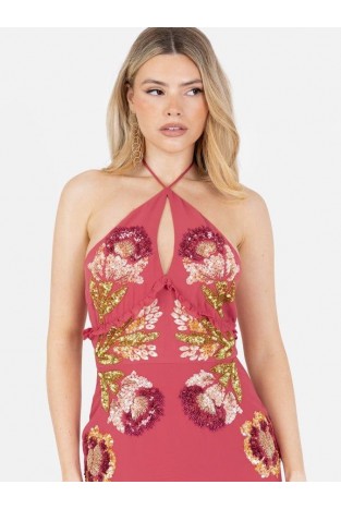 La Qayara Hot Pink Halter-Neck Sequin Embroidered Maxi Dress with Cascading Ruffles & High-Low Hem