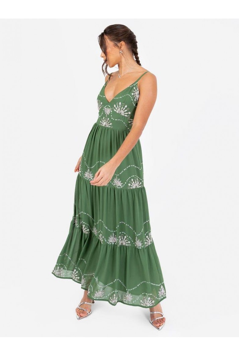 La Qayara Green Georgette Maxi Dress with Floral Sequin & Bead Work and Bishop Sleeves