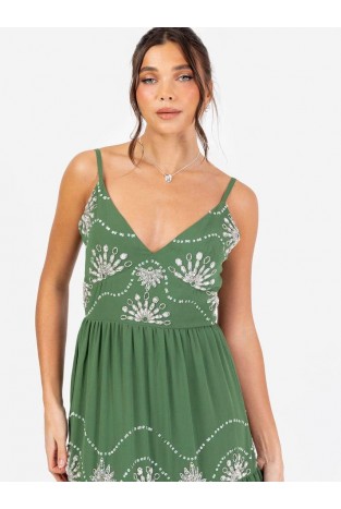 La Qayara Green Georgette Maxi Dress with Floral Sequin & Bead Work and Bishop Sleeves