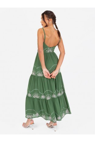 La Qayara Green Georgette Maxi Dress with Floral Sequin & Bead Work and Bishop Sleeves