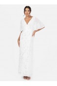 La Qayara White Georgette Maxi Dress with Silver Floral Sequin Work & Sheer Butterfly Sleeves