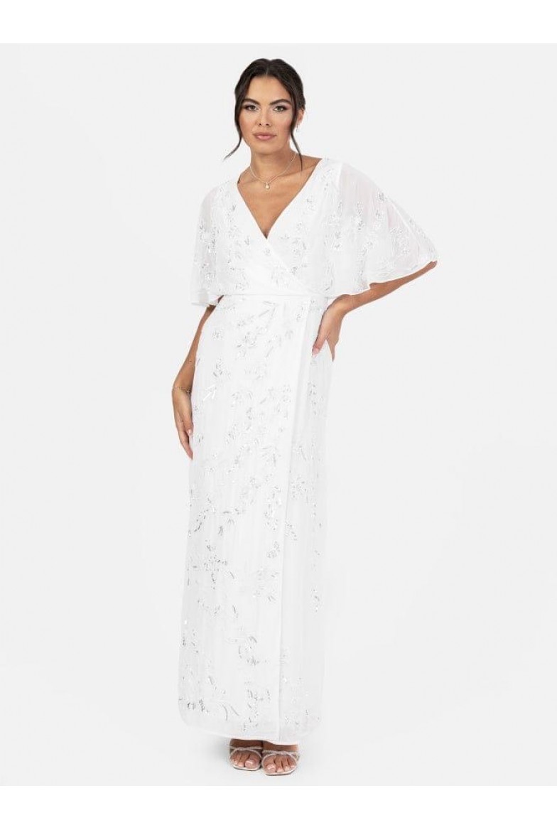 La Qayara White Georgette Maxi Dress with Silver Floral Sequin Work & Sheer Butterfly Sleeves