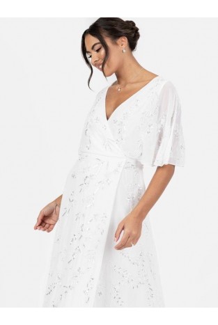 La Qayara White Georgette Maxi Dress with Silver Floral Sequin Work & Sheer Butterfly Sleeves