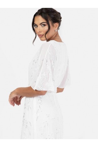 La Qayara White Georgette Maxi Dress with Silver Floral Sequin Work & Sheer Butterfly Sleeves