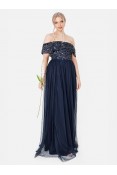 La Qayara Navy Blue Off-Shoulder Sequin Embellished Georgette & Soft Net Maxi Dress