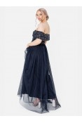 La Qayara Navy Blue Off-Shoulder Sequin Embellished Georgette & Soft Net Maxi Dress