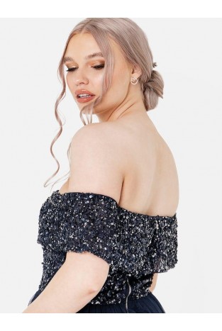 La Qayara Navy Blue Off-Shoulder Sequin Embellished Georgette & Soft Net Maxi Dress