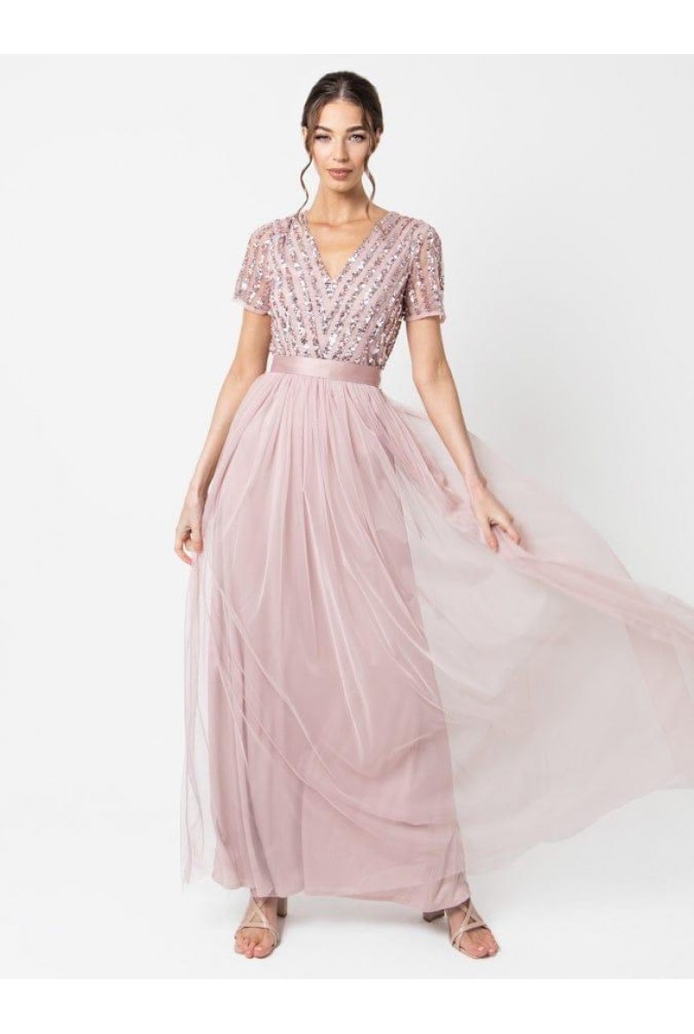 La Qayara Frosted Pink Chevron Sequin Embellished Georgette & Soft Net Maxi Dress