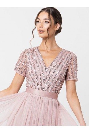 La Qayara Frosted Pink Chevron Sequin Embellished Georgette & Soft Net Maxi Dress