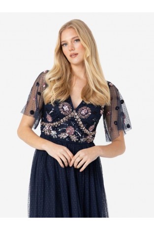 La Qayara Navy Blue Floral Sequin Embroidered Georgette & Soft Net Maxi Dress with Sheer Dot Sleeves