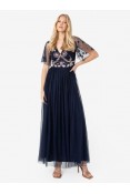 La Qayara Navy Blue Floral Sequin Embroidered Georgette & Soft Net Maxi Dress with Sheer Dot Sleeves
