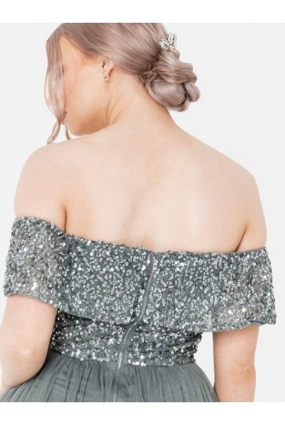 La Qayara Off-Shoulder Sequin Embellished Georgette & Soft Net Maxi Dress