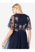 La Qayara Navy Blue Floral Sequin Embroidered Georgette & Soft Net Maxi Dress with Sheer Dot Sleeves