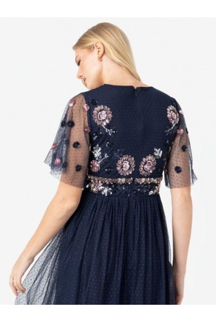 La Qayara Navy Blue Floral Sequin Embroidered Georgette & Soft Net Maxi Dress with Sheer Dot Sleeves