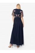 La Qayara Navy Blue Floral Sequin Embroidered Georgette & Soft Net Maxi Dress with Sheer Dot Sleeves