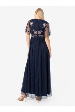 La Qayara Navy Blue Floral Sequin Embroidered Georgette & Soft Net Maxi Dress with Sheer Dot Sleeves