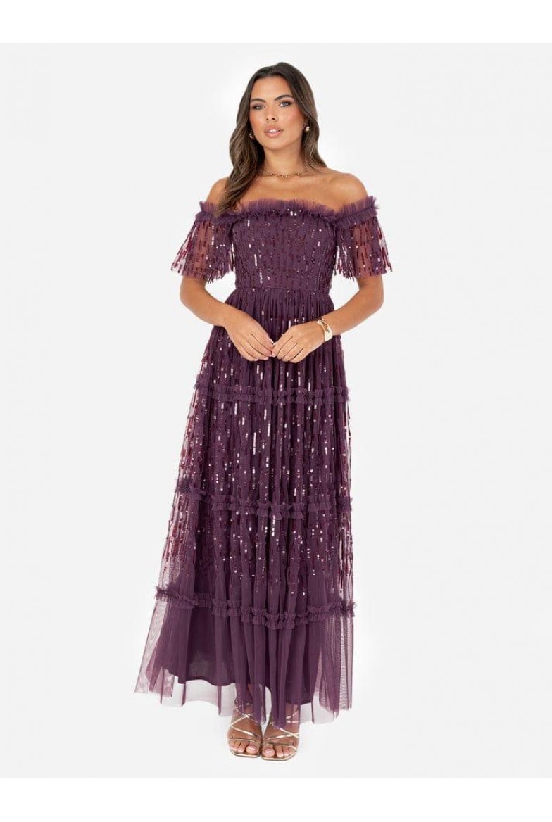 La Qayara Berry Off-Shoulder Sequin Embellished Georgette & Soft Net Maxi Dress with Ruffle Detailing