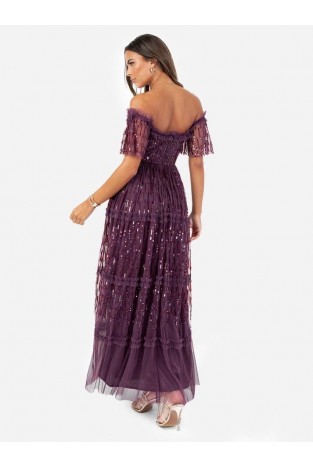 La Qayara Berry Off-Shoulder Sequin Embellished Georgette & Soft Net Maxi Dress with Ruffle Detailing