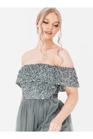 La Qayara Off-Shoulder Sequin Embellished Georgette & Soft Net Maxi Dress