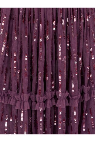 La Qayara Berry Off-Shoulder Sequin Embellished Georgette & Soft Net Maxi Dress with Ruffle Detailing