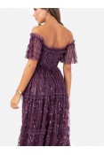 La Qayara Berry Off-Shoulder Sequin Embellished Georgette & Soft Net Maxi Dress with Ruffle Detailing