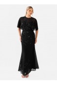 La Qayara Black Hand-Sequined Floral Georgette Maxi Gown with Soft Net Cape Sleeves
