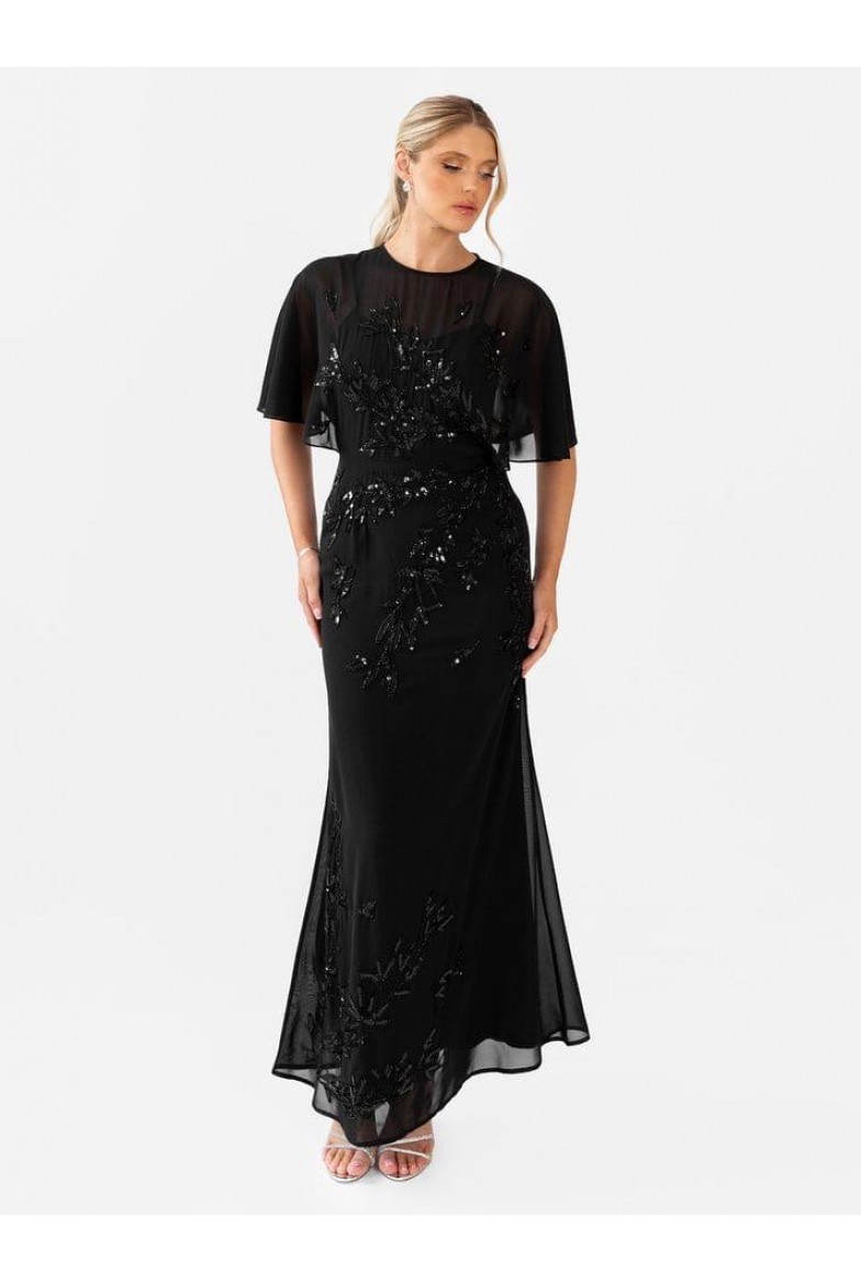 La Qayara Black Hand-Sequined Floral Georgette Maxi Gown with Soft Net Cape Sleeves