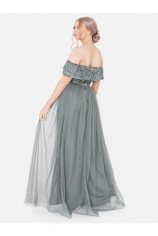 La Qayara Off-Shoulder Sequin Embellished Georgette & Soft Net Maxi Dress