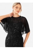 La Qayara Black Hand-Sequined Floral Georgette Maxi Gown with Soft Net Cape Sleeves