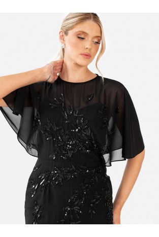 La Qayara Black Hand-Sequined Floral Georgette Maxi Gown with Soft Net Cape Sleeves