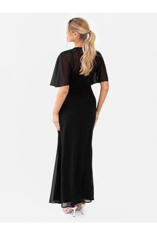 La Qayara Black Hand-Sequined Floral Georgette Maxi Gown with Soft Net Cape Sleeves