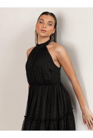 La Qayara Black Halter Neck Tiered Maxi Dress with Sequin Dot Embellishment