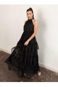 La Qayara Black Halter Neck Tiered Maxi Dress with Sequin Dot Embellishment