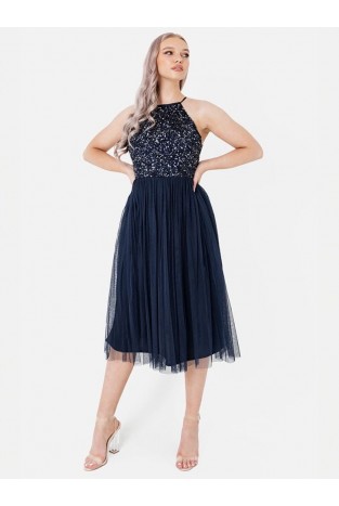 La Qayara Navy Blue Sequin Embellished Georgette Halter-Neck Midi Dress with Soft Net Skirt
