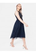 La Qayara Navy Blue Sequin Embellished Georgette Halter-Neck Midi Dress with Soft Net Skirt
