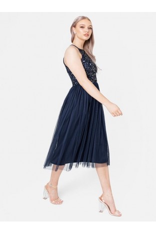 La Qayara Navy Blue Sequin Embellished Georgette Halter-Neck Midi Dress with Soft Net Skirt