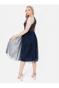 La Qayara Navy Blue Sequin Embellished Georgette Halter-Neck Midi Dress with Soft Net Skirt