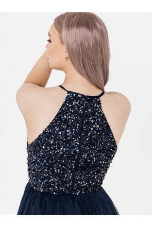 La Qayara Navy Blue Sequin Embellished Georgette Halter-Neck Midi Dress with Soft Net Skirt