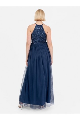 La Qayara French Navy Sequin Embellished Georgette Halter-Neck Maxi Dress with Soft Net Layered Skirt